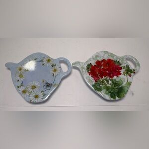 Tea Bag Holder Pair Melamine Floral Design Teapot Shaped Dainty Cottagecore